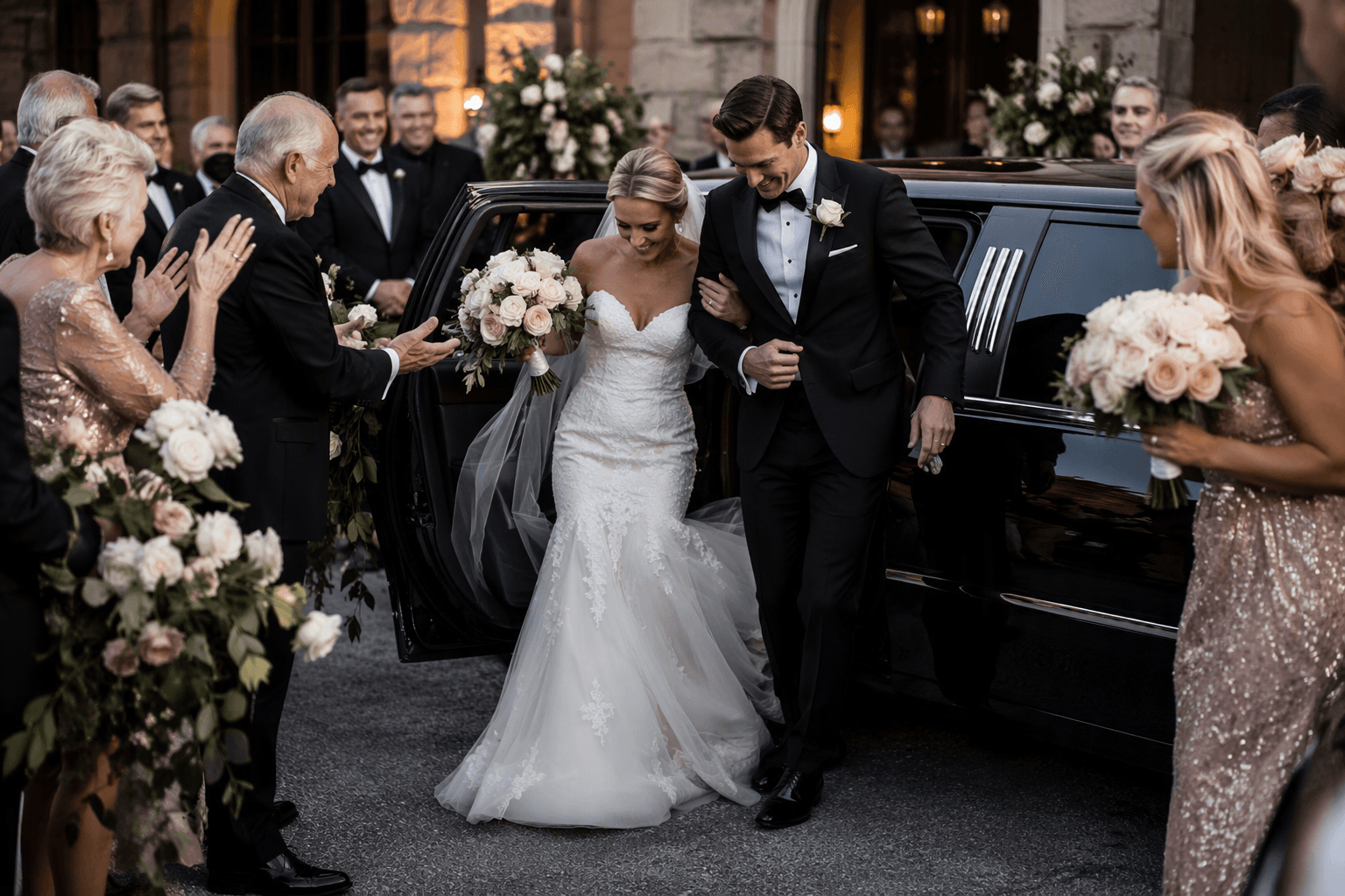 Wedding transportation service in Charlotte NC with an elegant white wedding vehicle